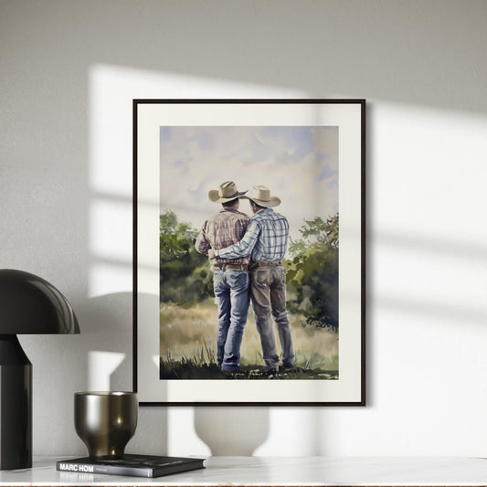 Side by Side Cowboy Gay Art Print β Romantic Western LGBTQ Wall Art, Rustic Country Decor, Gay Couple Love Painting, Queer Lovers Print