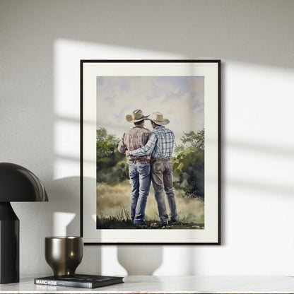 Side by Side Cowboy Gay Art Print – Romantic Western LGBTQ Wall Art, Rustic Country Decor, Gay Couple Love Painting, Queer Lovers Print