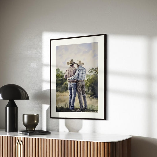 Side by Side Cowboy Gay Art Print β Romantic Western LGBTQ Wall Art, Rustic Country Decor, Gay Couple Love Painting, Queer Lovers Print