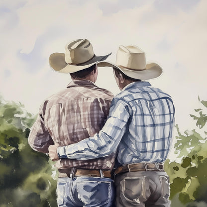 Side by Side Cowboy Gay Art Print – Romantic Western LGBTQ Wall Art, Rustic Country Decor, Gay Couple Love Painting, Queer Lovers Print