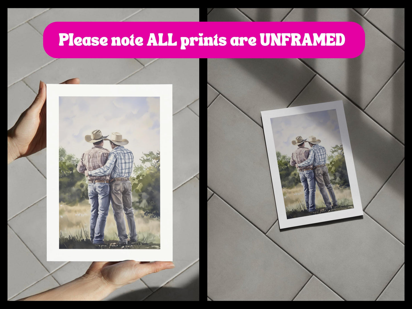 Side by Side Cowboy Gay Art Print – Romantic Western LGBTQ Wall Art, Rustic Country Decor, Gay Couple Love Painting, Queer Lovers Print