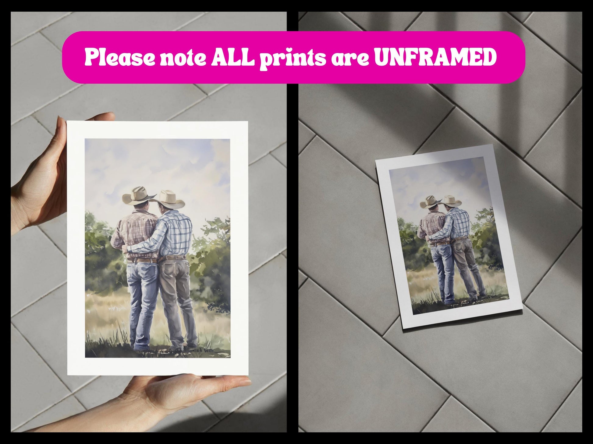 Side by Side Cowboy Gay Art Print – Romantic Western LGBTQ Wall Art, Rustic Country Decor, Gay Couple Love Painting, Queer Lovers Print
