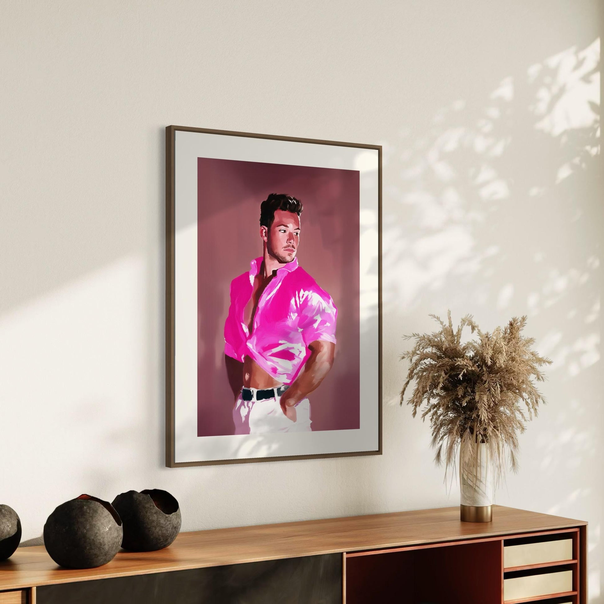 Bondi – Queer Wall Art Print | Gay Guy after Bondi Muscle Beach in Pink | LGBTQ+ Poster – Unframed Matte Print, Bold & Flirty Artwork