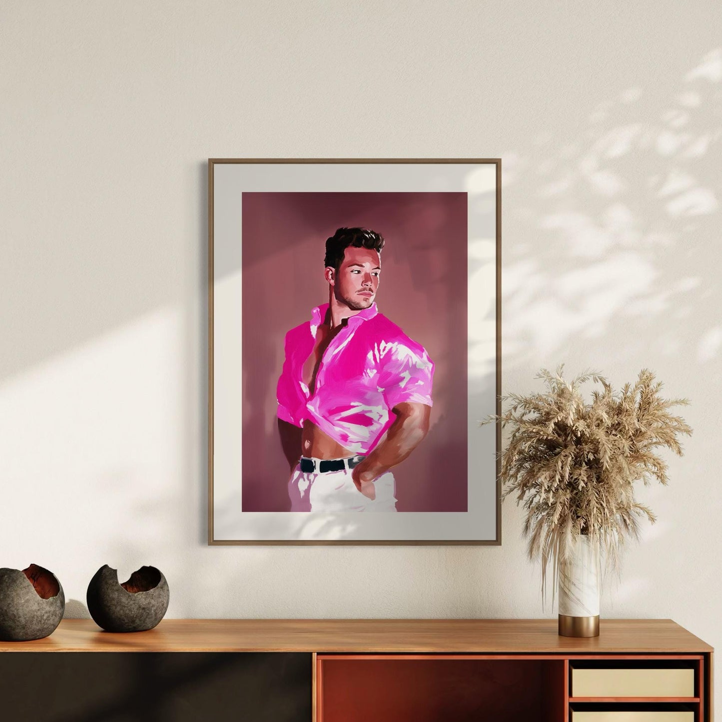 Bondi – Queer Wall Art Print | Gay Guy after Bondi Muscle Beach in Pink | LGBTQ+ Poster – Unframed Matte Print, Bold & Flirty Artwork