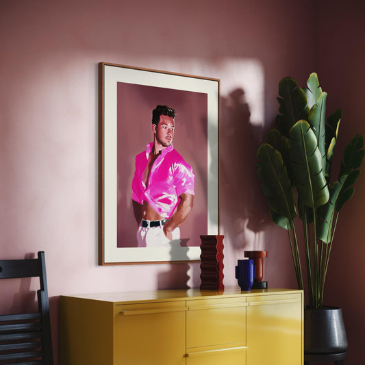 Bondi – Queer Wall Art Print | Gay Guy after Bondi Muscle Beach in Pink | LGBTQ+ Poster – Unframed Matte Print, Bold & Flirty Artwork