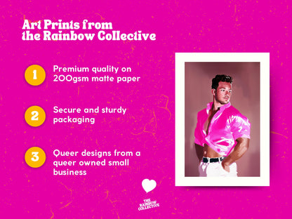 Bondi – Queer Wall Art Print | Gay Guy after Bondi Muscle Beach in Pink | LGBTQ+ Poster – Unframed Matte Print, Bold & Flirty Artwork
