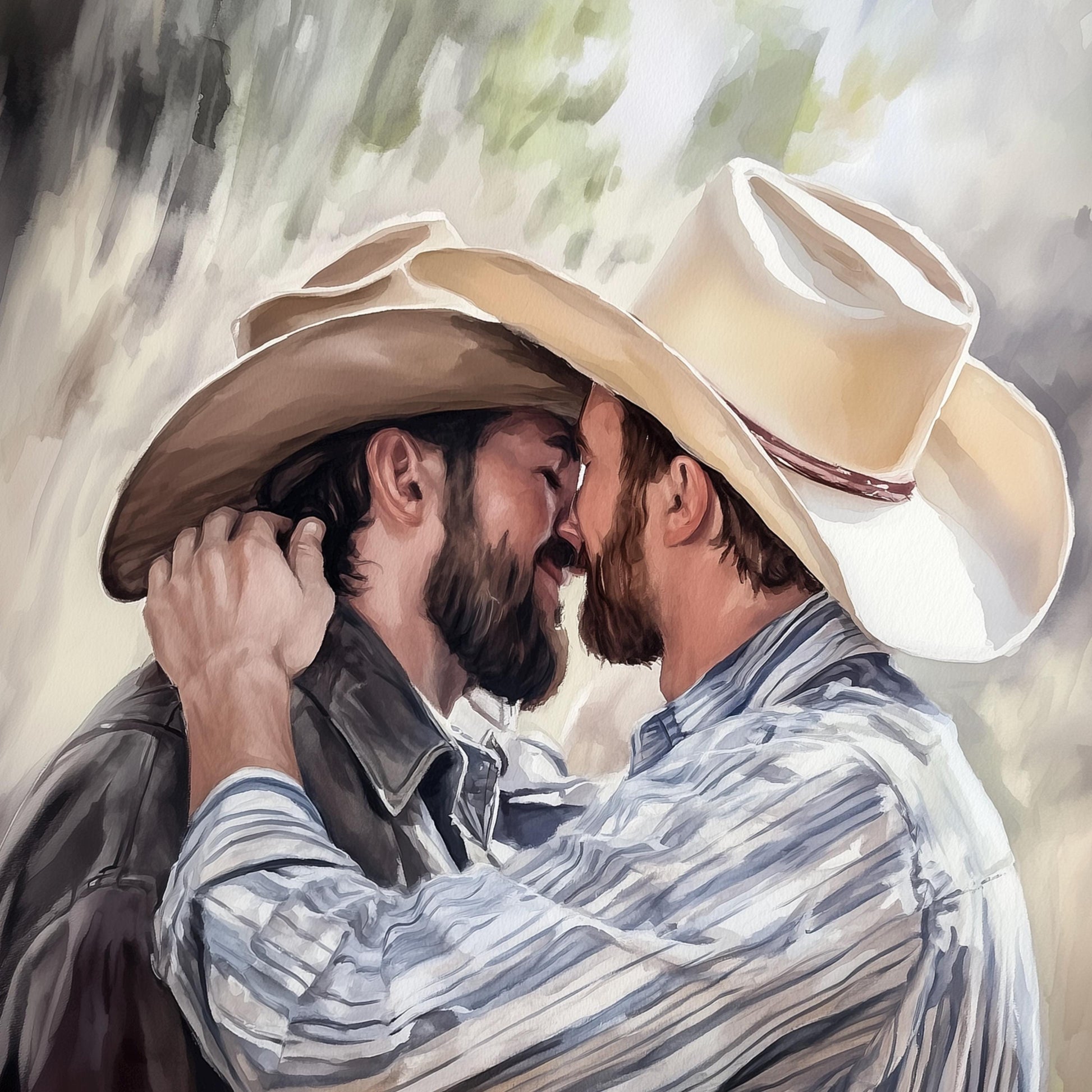 Cowboys Who Kiss – Queer Watercolour Print of Two Men in Love | Gay Cowboy Art | LGBTQ+ Wall Art | Romantic Pride Decor