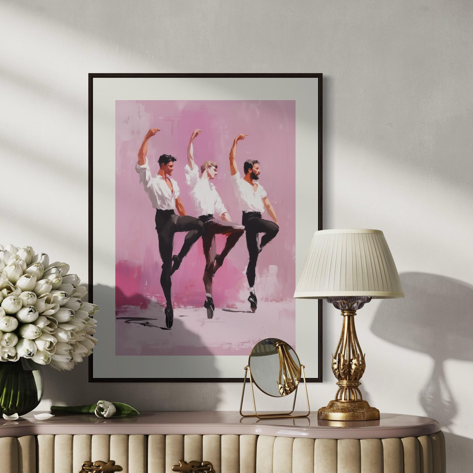 Ensemble en Pointe – Queer Ballet Oil Painting Print | LGBTQ+ Dance Wall Art | Gay Pointe Shoe Poster – Unframed Matte Art Print