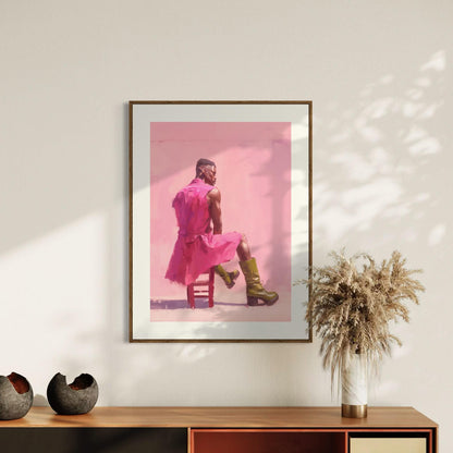 Off Duty – Queer Art Print | Pink Oil Painting of Life Model in Boots | Gay Wall Art, Soft Masculinity – Unframed Matte Poster