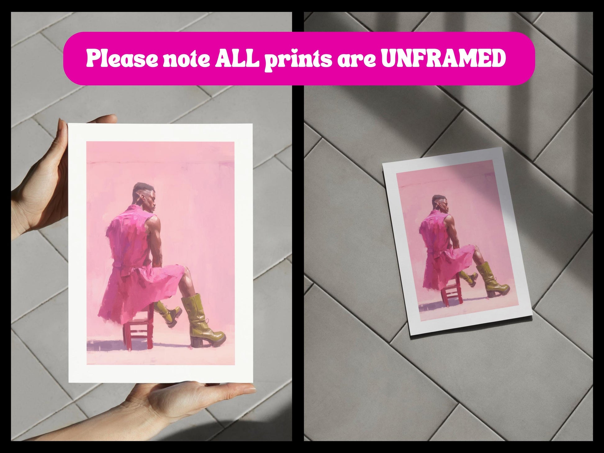Off Duty – Queer Art Print | Pink Oil Painting of Life Model in Boots | Gay Wall Art, Soft Masculinity – Unframed Matte Poster