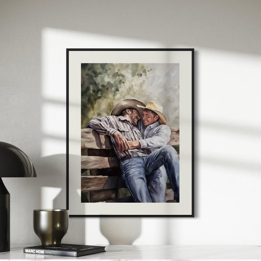 Gay Cowboy Watercolour Print – Romantic Western Wall Art for Queer Homes | Fence Line Flirtation – Unframed Matte Art Print
