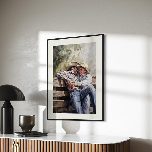 Gay Cowboy Watercolour Print – Romantic Western Wall Art for Queer Homes | Fence Line Flirtation – Unframed Matte Art Print