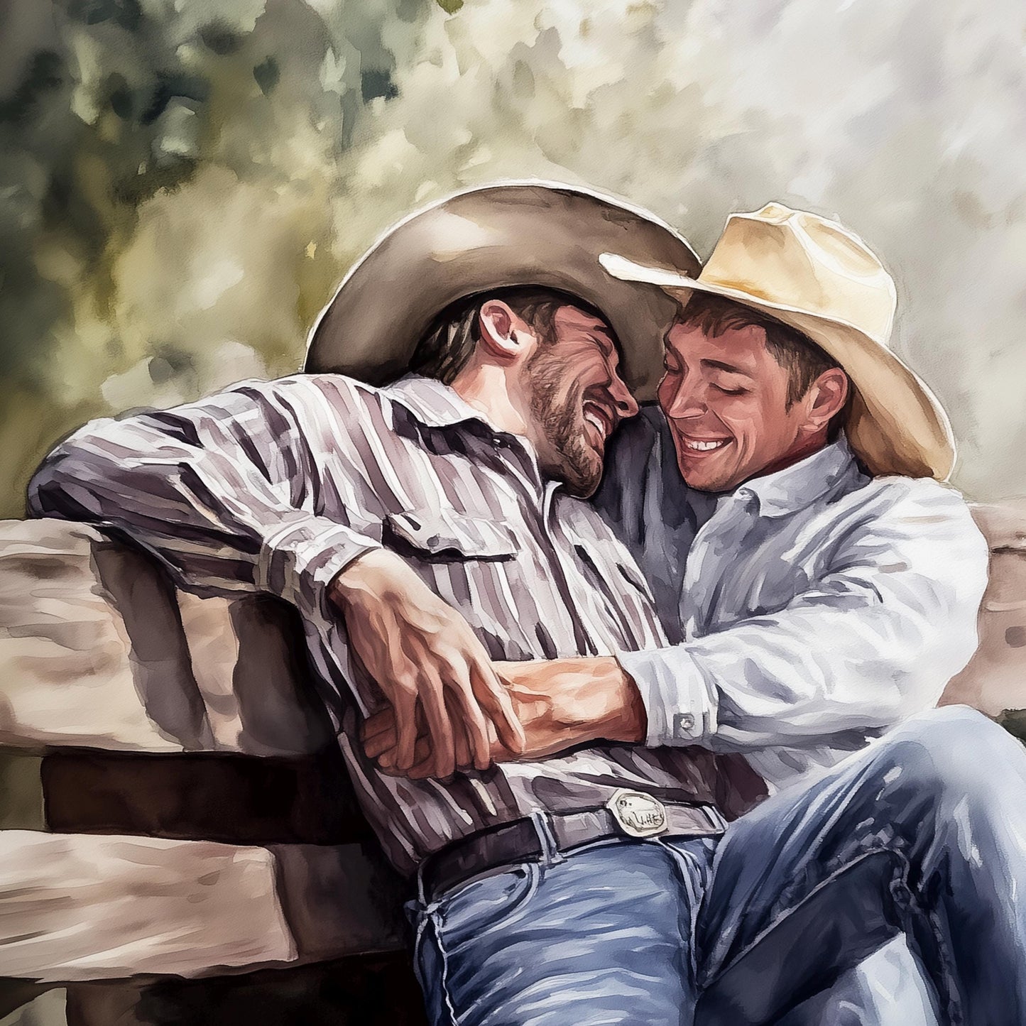 Gay Cowboy Watercolour Print – Romantic Western Wall Art for Queer Homes | Fence Line Flirtation – Unframed Matte Art Print