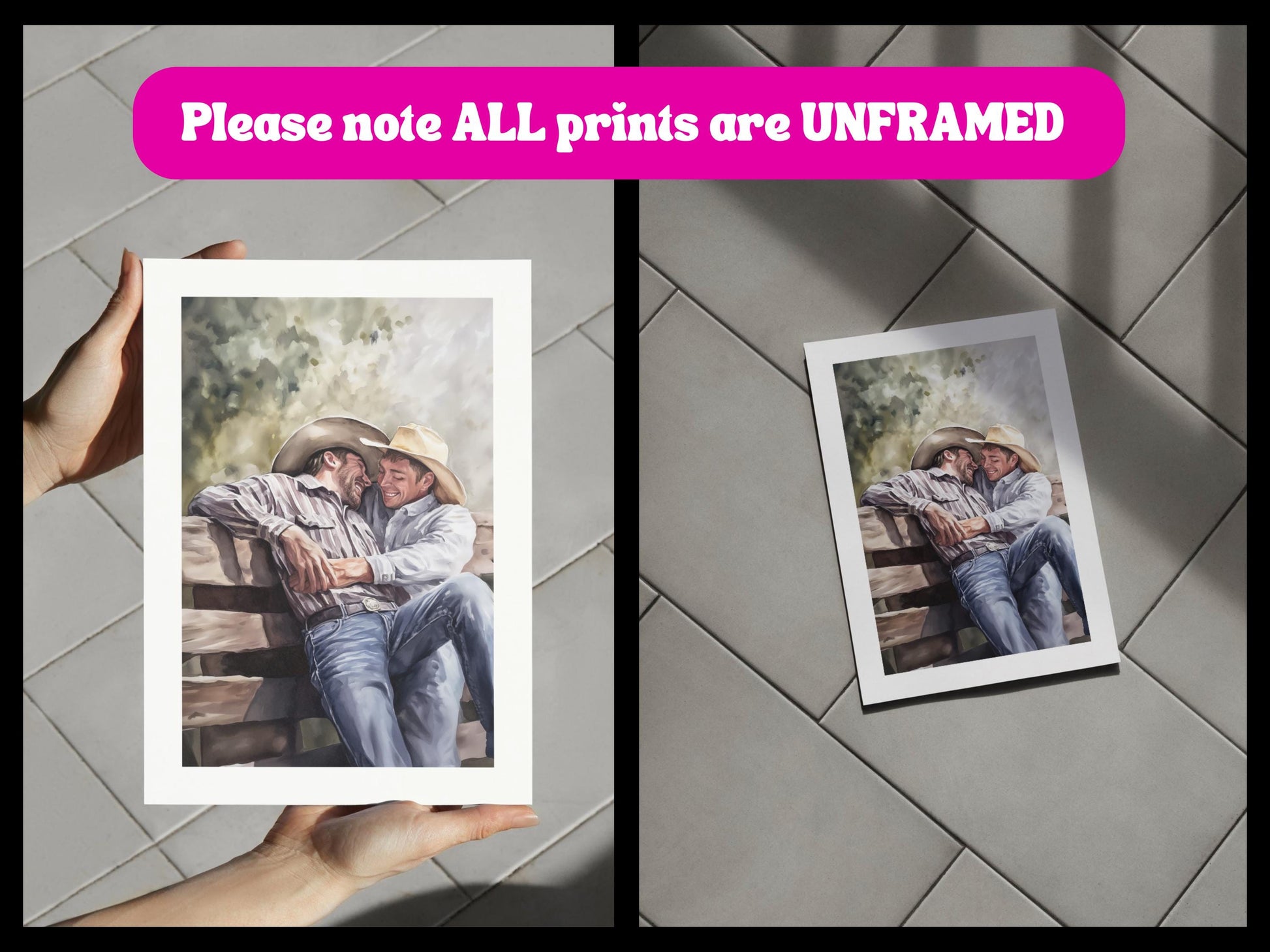 Gay Cowboy Watercolour Print – Romantic Western Wall Art for Queer Homes | Fence Line Flirtation – Unframed Matte Art Print