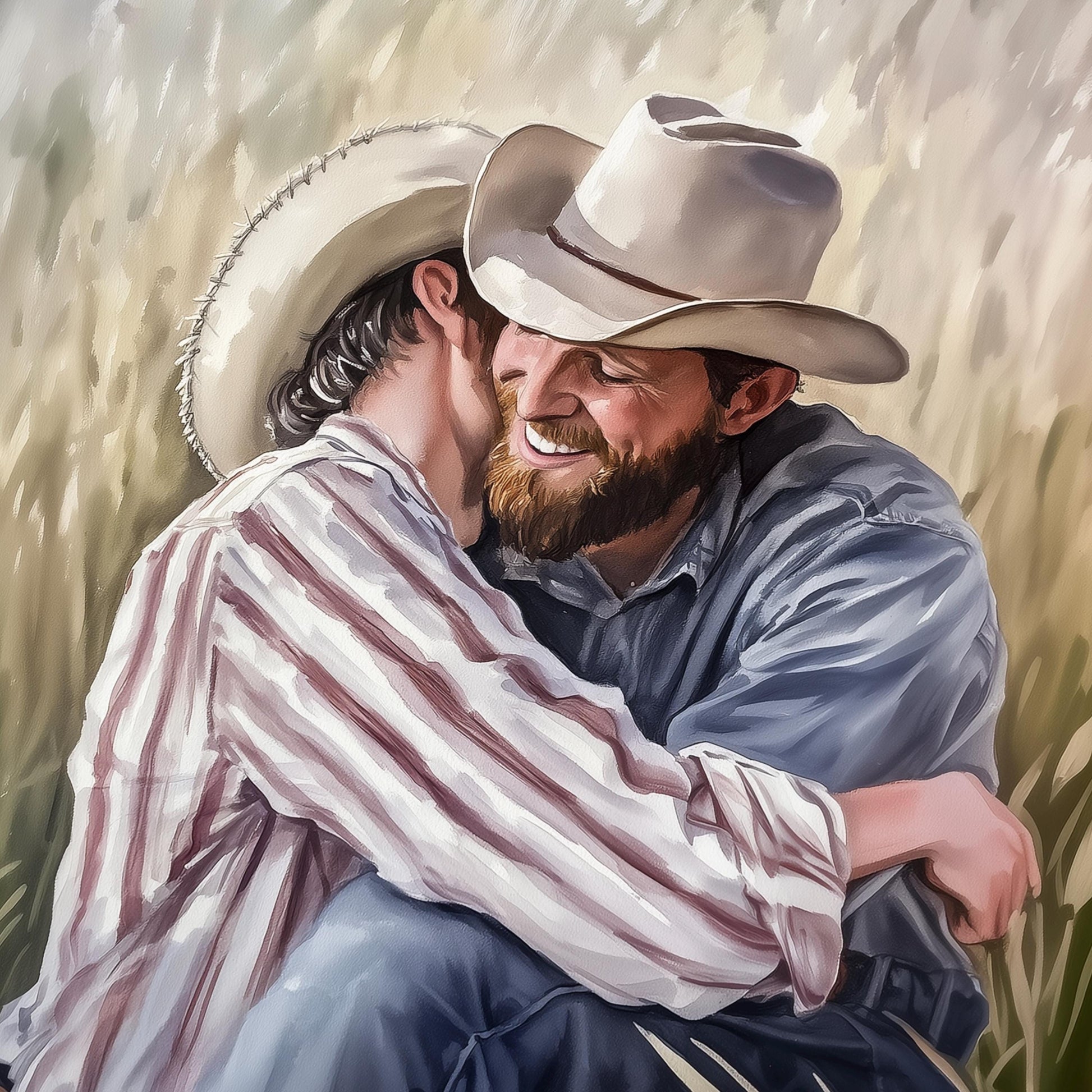 Gay Cowboy Watercolour Print – Blushin’ in the Bushes LGBTQ Wall Art | Romantic Queer Couple Artwork – Unframed Matte Print