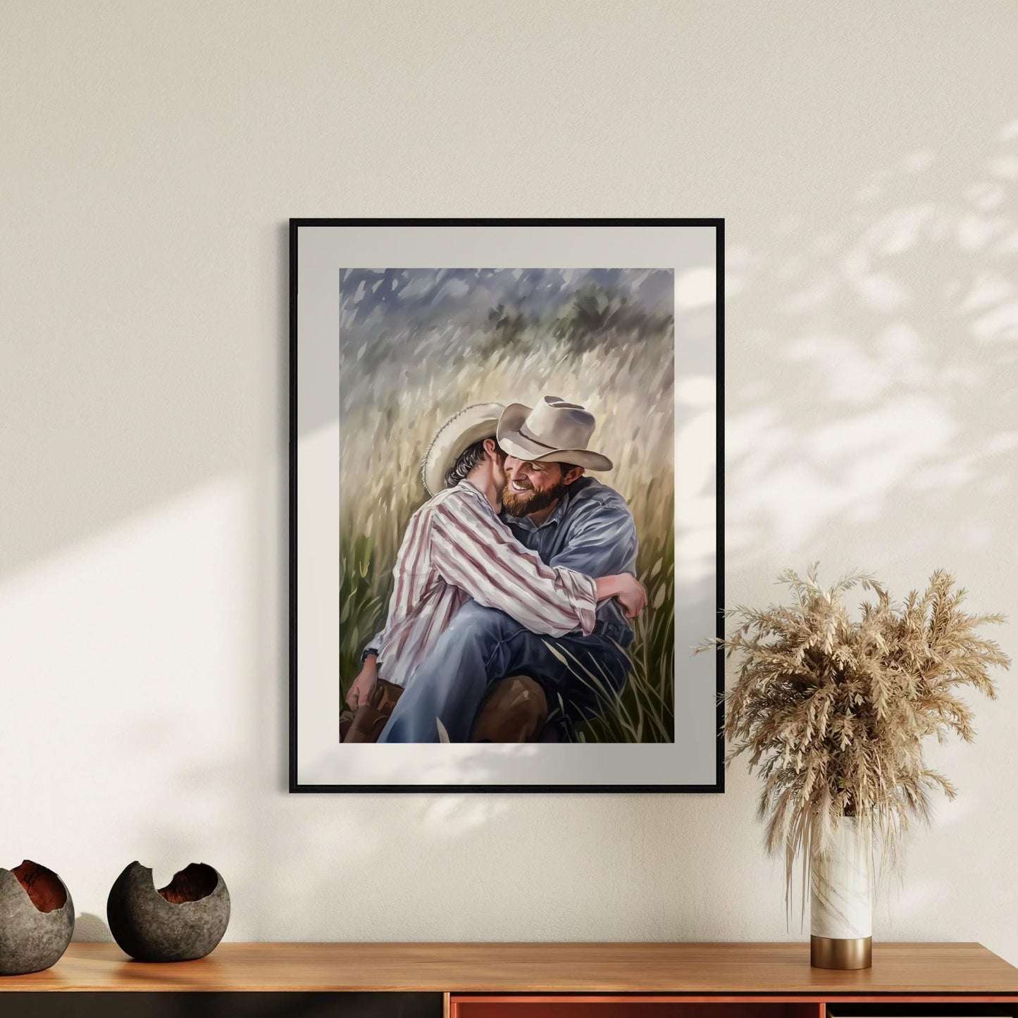 Gay Cowboy Watercolour Print – Blushin’ in the Bushes LGBTQ Wall Art | Romantic Queer Couple Artwork – Unframed Matte Print