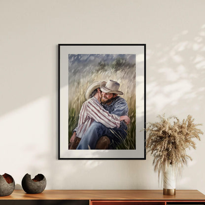 Gay Cowboy Watercolour Print – Blushin’ in the Bushes LGBTQ Wall Art | Romantic Queer Couple Artwork – Unframed Matte Print