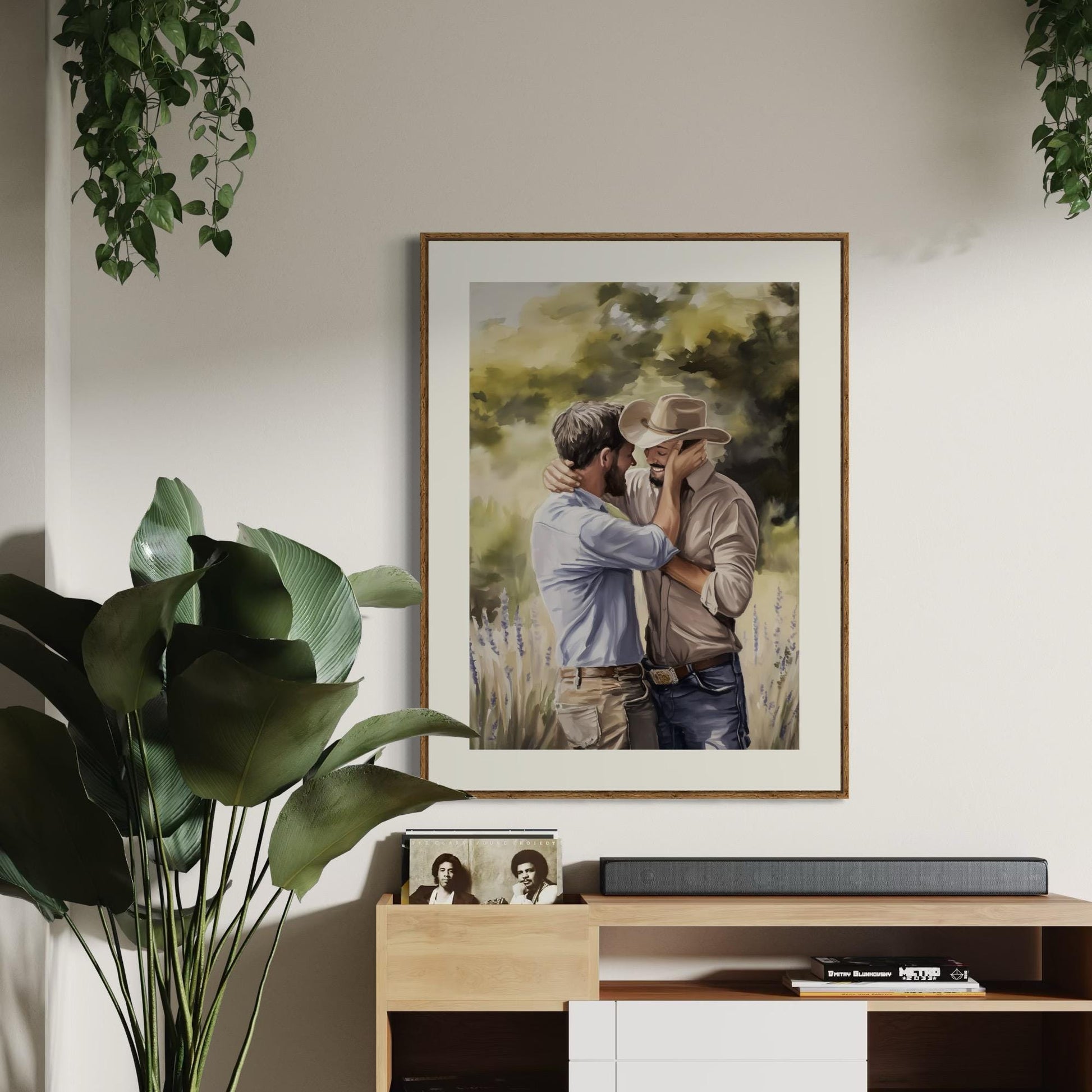 Gay Cowboy Watercolour Print – Kissed by Kindness LGBTQ Wall Art | Queer Romance Art Print – Unframed Matte Western Artwork