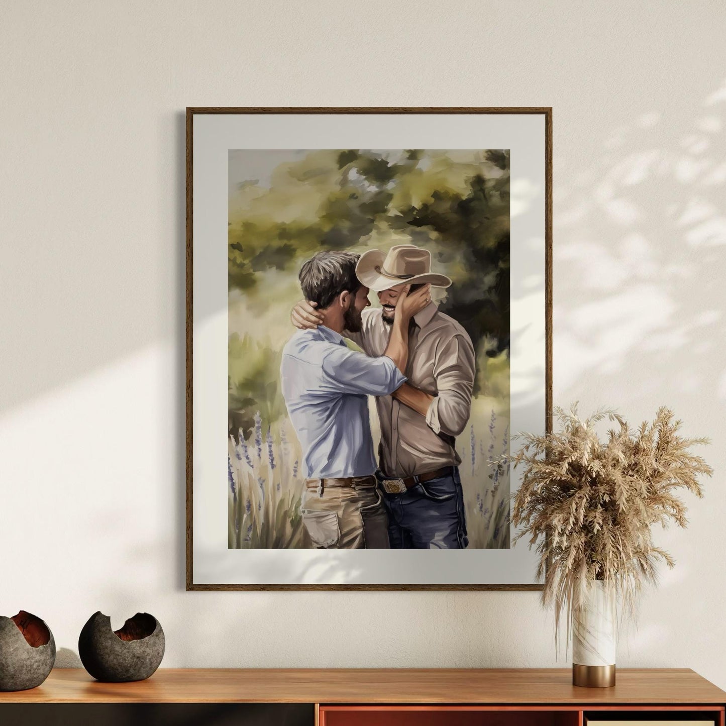Gay Cowboy Watercolour Print – Kissed by Kindness LGBTQ Wall Art | Queer Romance Art Print – Unframed Matte Western Artwork