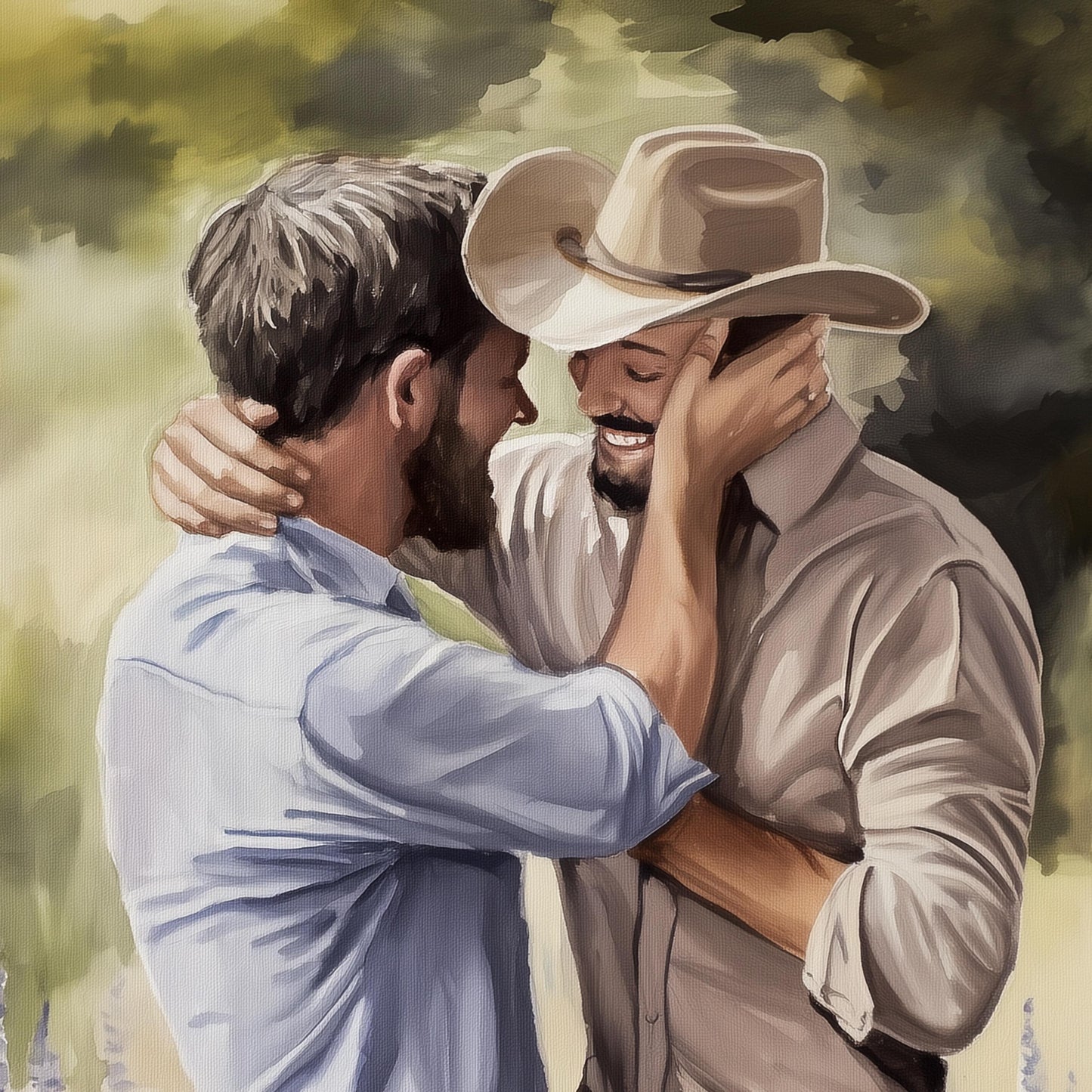 Gay Cowboy Watercolour Print – Kissed by Kindness LGBTQ Wall Art | Queer Romance Art Print – Unframed Matte Western Artwork