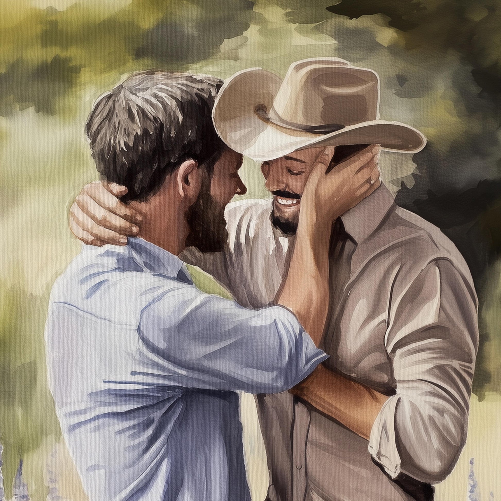 Gay Cowboy Watercolour Print – Kissed by Kindness LGBTQ Wall Art | Queer Romance Art Print – Unframed Matte Western Artwork