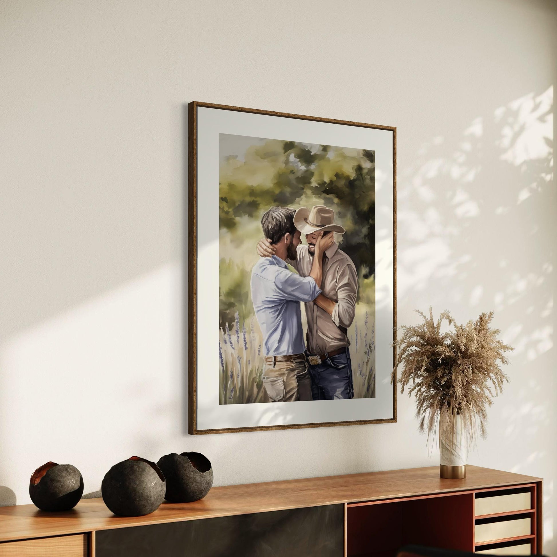 Gay Cowboy Watercolour Print – Kissed by Kindness LGBTQ Wall Art | Queer Romance Art Print – Unframed Matte Western Artwork