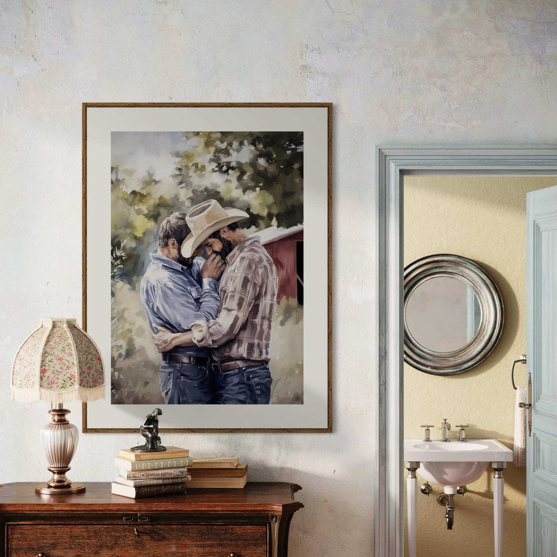 Gay Cowboy Watercolour Print – Rough Hands, Soft Lips LGBTQ Art | Queer Romance Wall Art – Unframed Matte Country Love Print