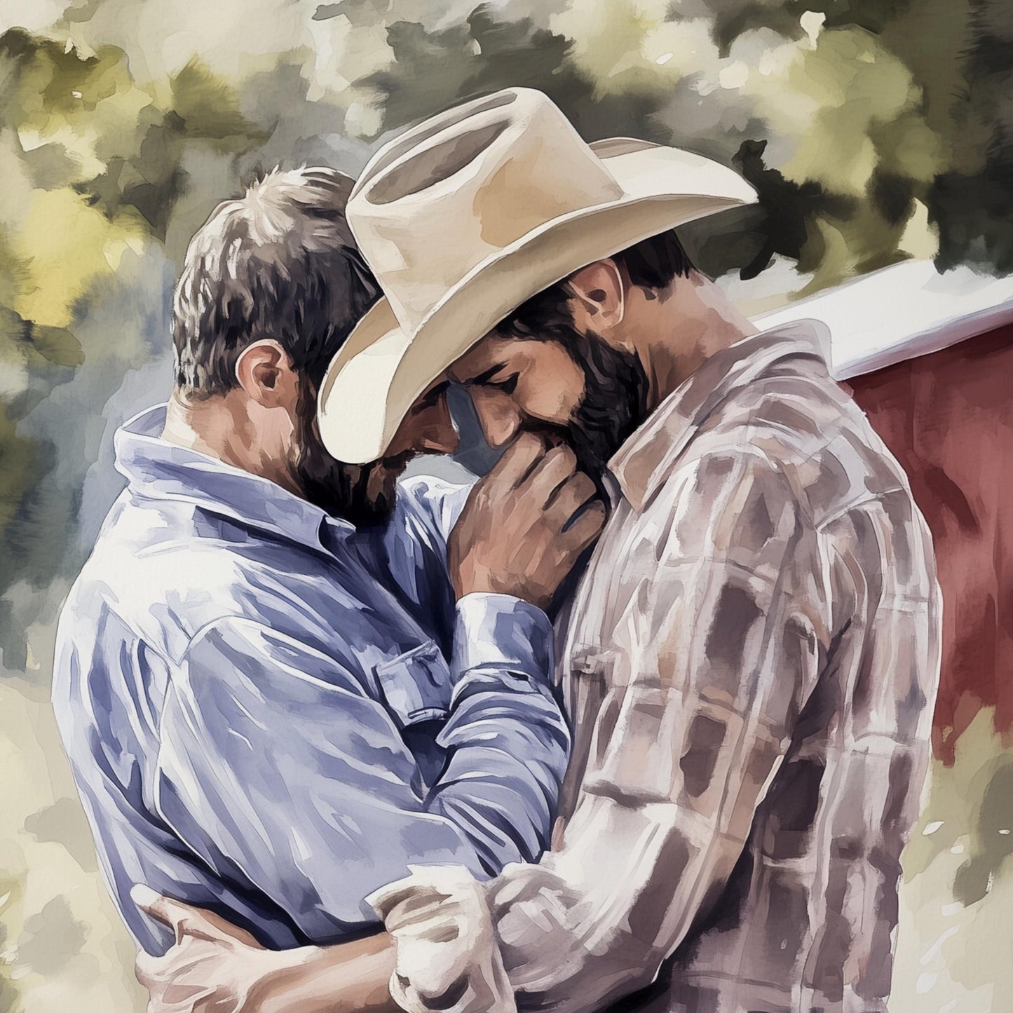 Gay Cowboy Watercolour Print – Rough Hands, Soft Lips LGBTQ Art | Queer Romance Wall Art – Unframed Matte Country Love Print