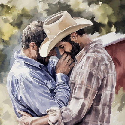 Gay Cowboy Watercolour Print – Rough Hands, Soft Lips LGBTQ Art | Queer Romance Wall Art – Unframed Matte Country Love Print