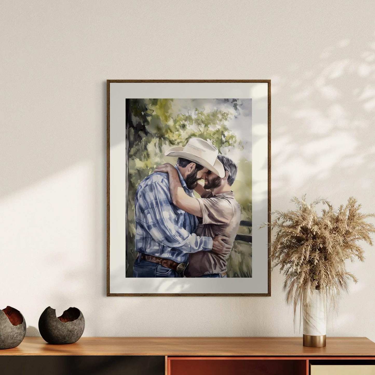Gay Cowboy Watercolour Print – Call Me Yours, Cowboy LGBTQ Art | Queer Romance Wall Decor – Unframed Matte Country Love Print