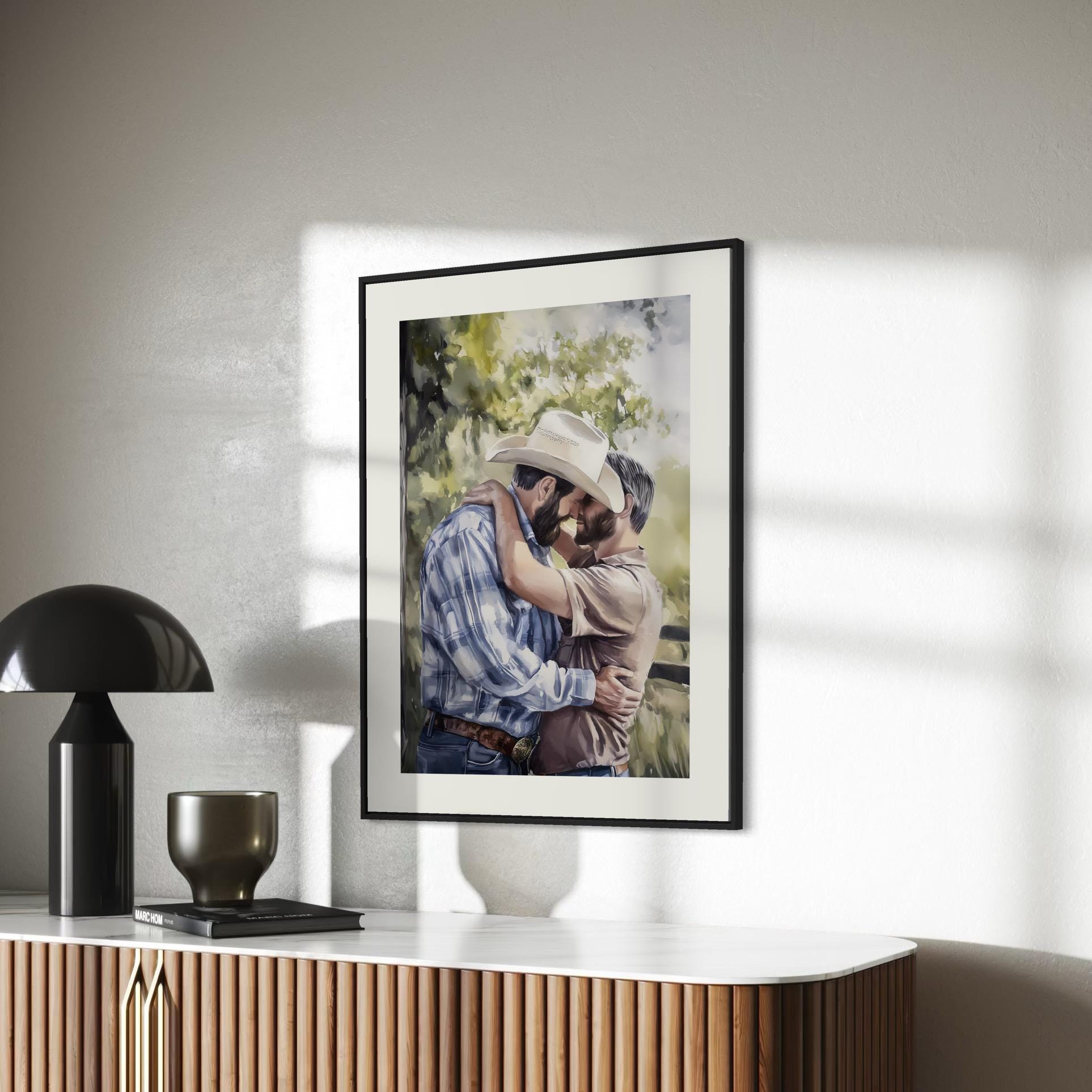 Gay Cowboy Watercolour Print – Call Me Yours, Cowboy LGBTQ Art | Queer Romance Wall Decor – Unframed Matte Country Love Print