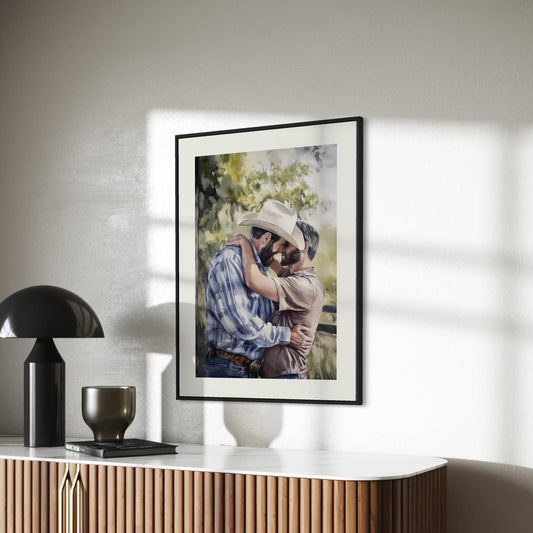 Gay Cowboy Watercolour Print – Call Me Yours, Cowboy LGBTQ Art | Queer Romance Wall Decor – Unframed Matte Country Love Print