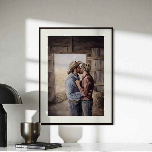 Kisses Behind the Haybale LGBTQ Art | Gay Cowboy Watercolour Print | Queer Country Romance Print – Unframed Matte Western Decor