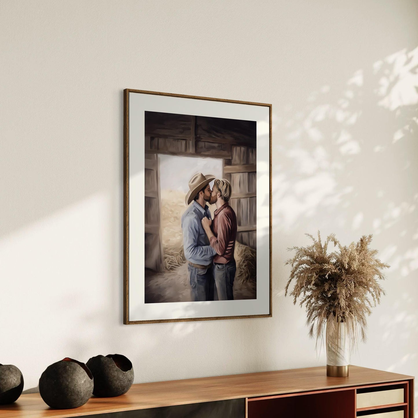 Kisses Behind the Haybale LGBTQ Art | Gay Cowboy Watercolour Print | Queer Country Romance Print – Unframed Matte Western Decor