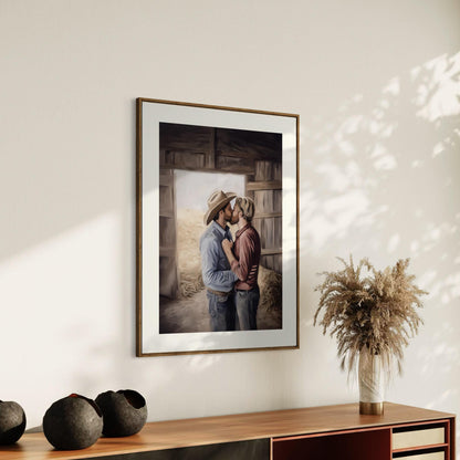 Kisses Behind the Haybale LGBTQ Art | Gay Cowboy Watercolour Print | Queer Country Romance Print – Unframed Matte Western Decor