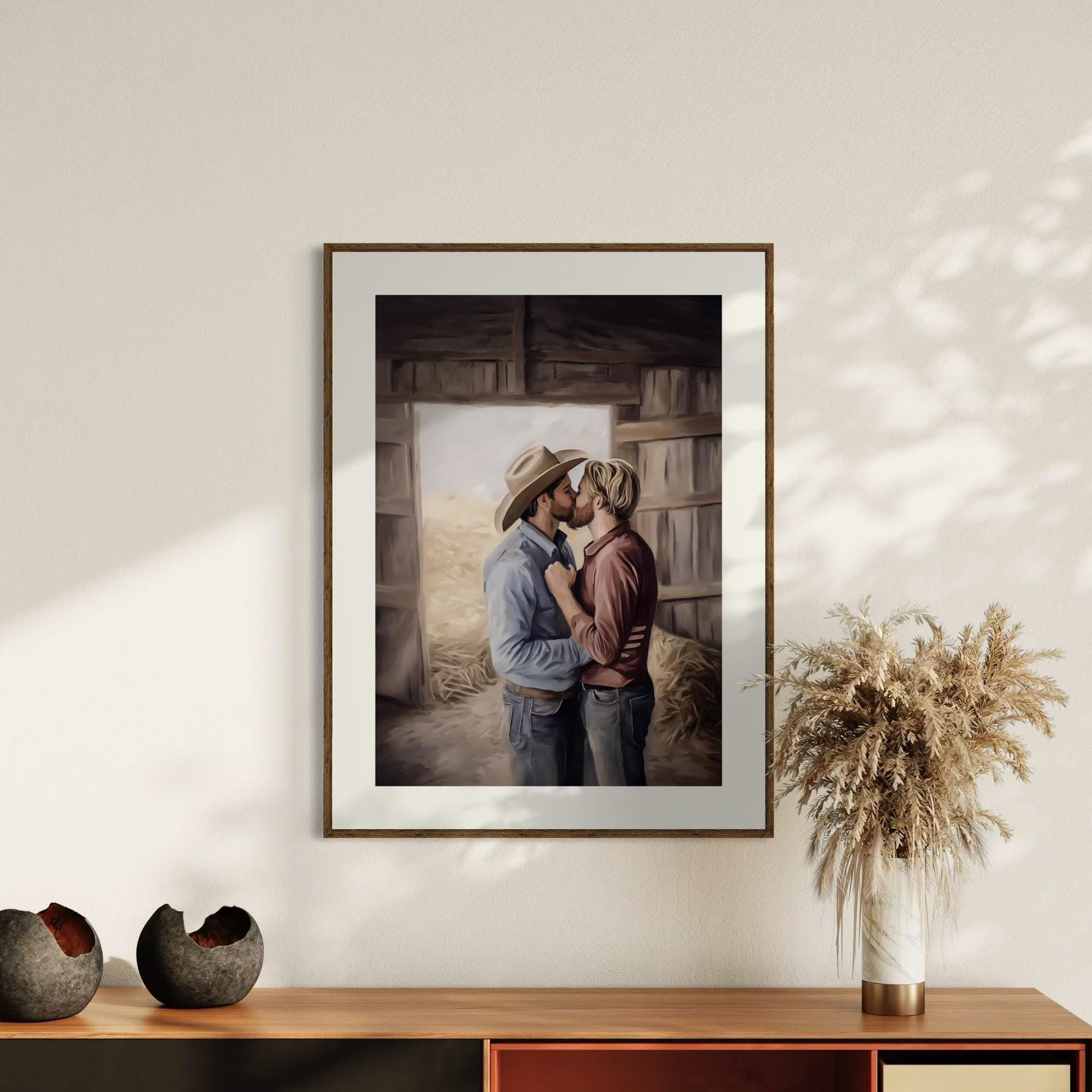 Kisses Behind the Haybale LGBTQ Art | Gay Cowboy Watercolour Print | Queer Country Romance Print – Unframed Matte Western Decor