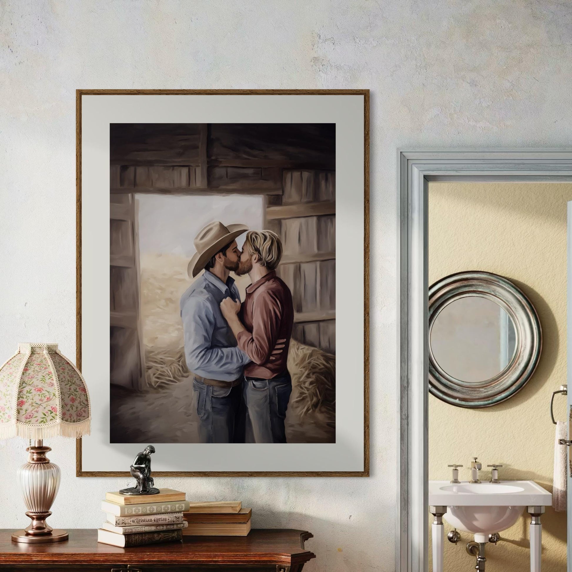 Kisses Behind the Haybale LGBTQ Art | Gay Cowboy Watercolour Print | Queer Country Romance Print – Unframed Matte Western Decor