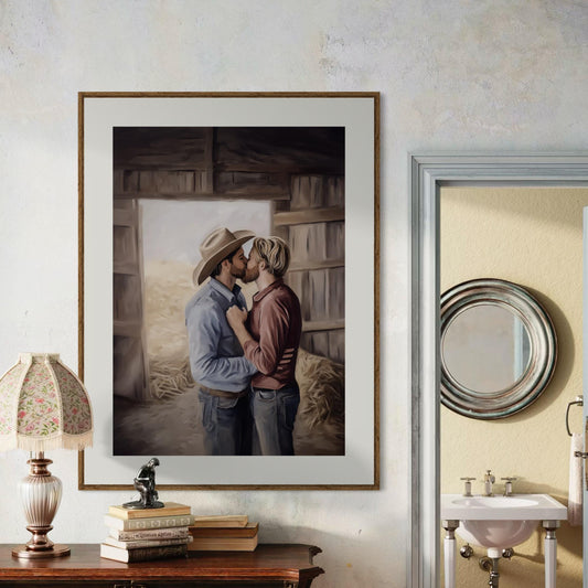 Kisses Behind the Haybale LGBTQ Art | Gay Cowboy Watercolour Print | Queer Country Romance Print – Unframed Matte Western Decor