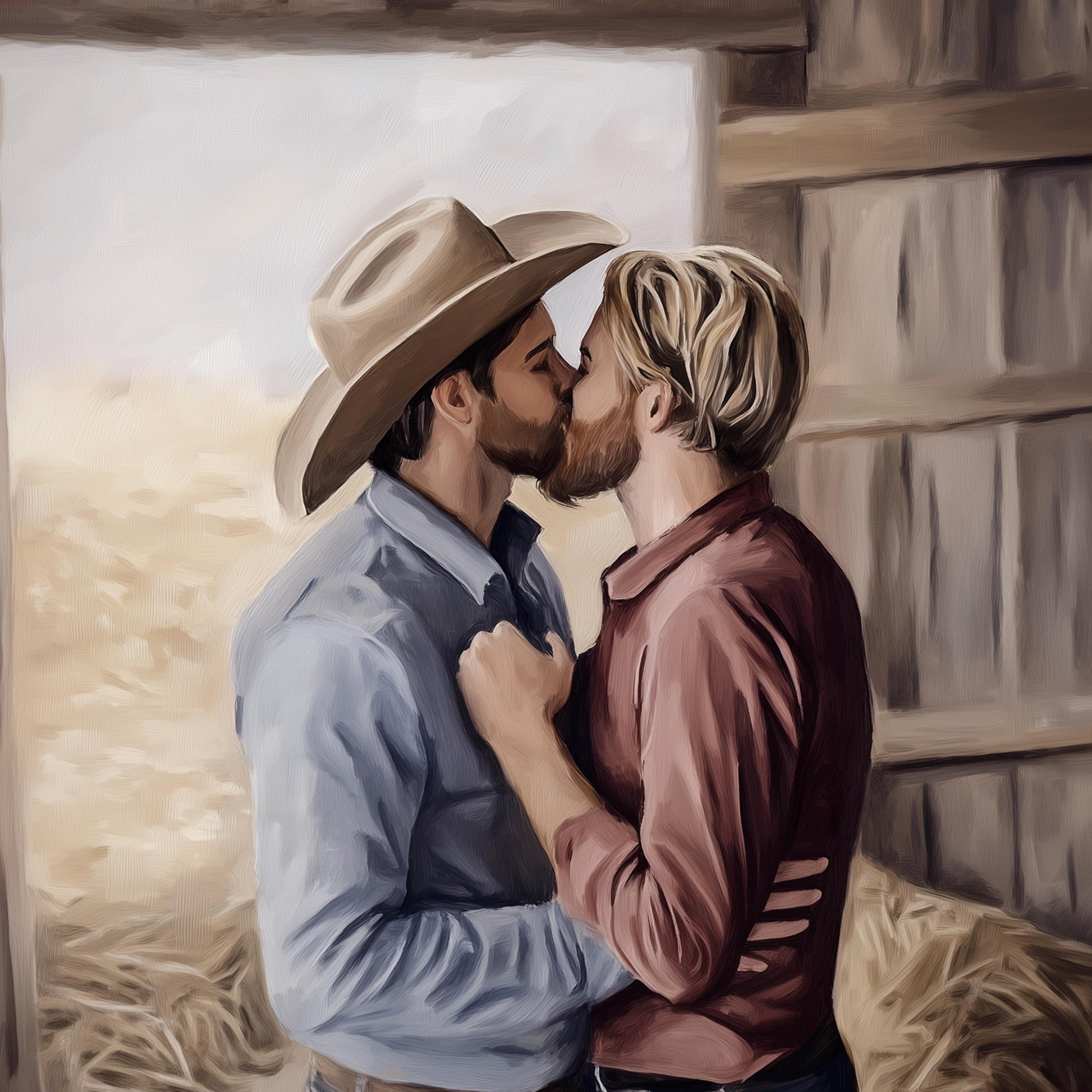 Kisses Behind the Haybale LGBTQ Art | Gay Cowboy Watercolour Print | Queer Country Romance Print – Unframed Matte Western Decor