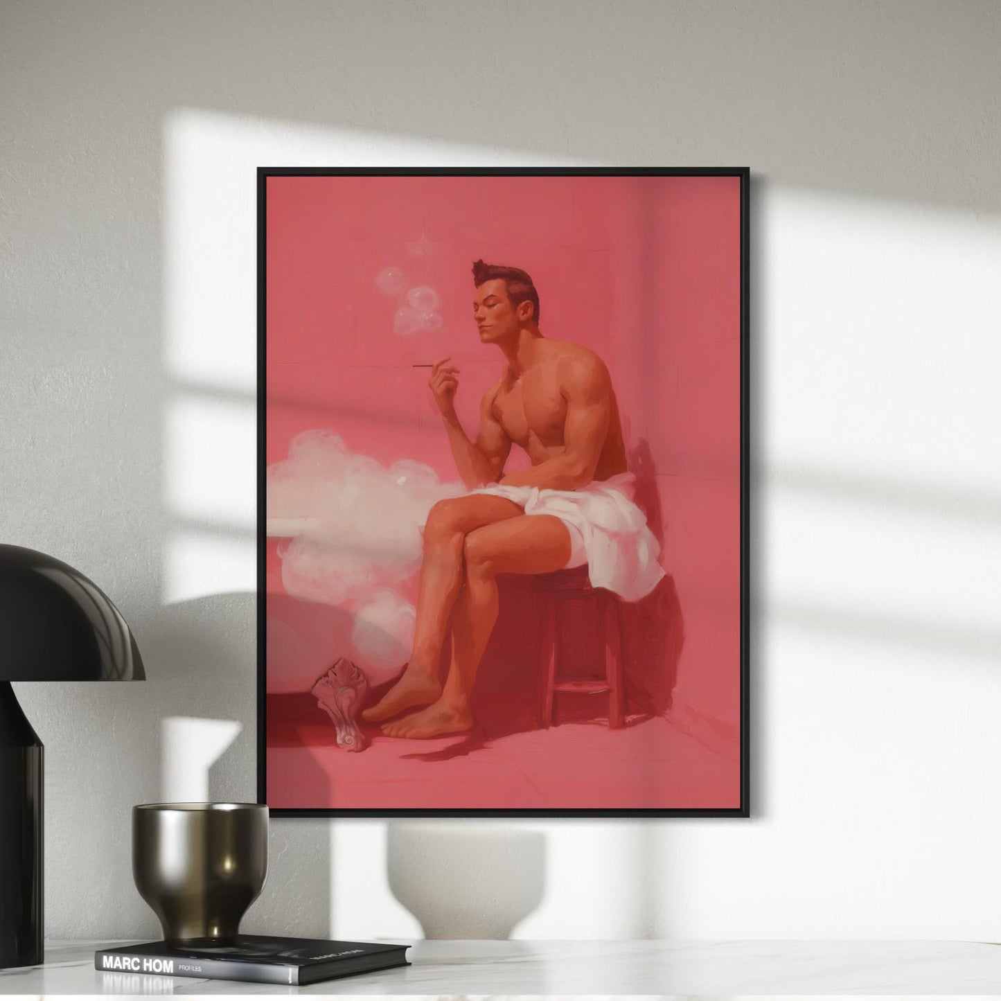 Smoking Hot Soak – Queer Wall Art Print | Oil Painting of Man in Towel with Cigarette | LGBTQ+ Home Decor – Unframed Matte Print