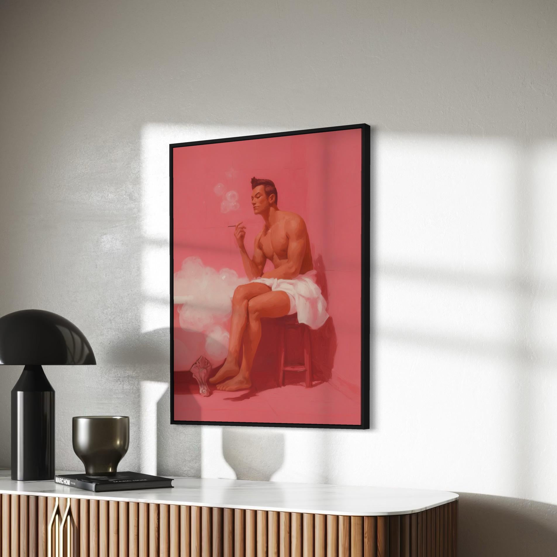 Smoking Hot Soak – Queer Wall Art Print | Oil Painting of Man in Towel with Cigarette | LGBTQ+ Home Decor – Unframed Matte Print