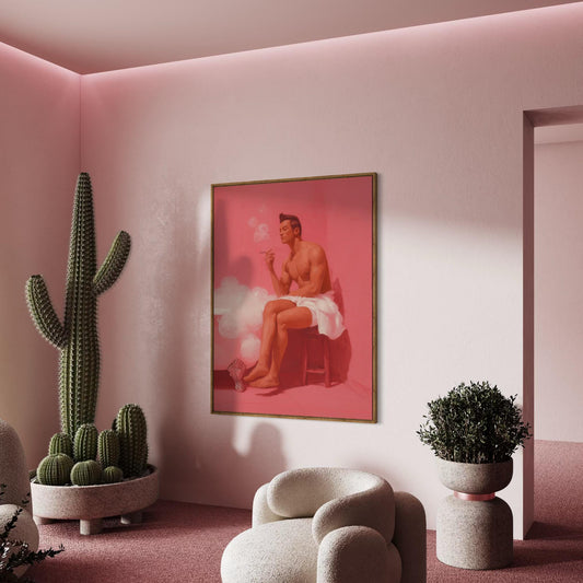 Smoking Hot Soak – Queer Wall Art Print | Oil Painting of Man in Towel with Cigarette | LGBTQ+ Home Decor – Unframed Matte Print