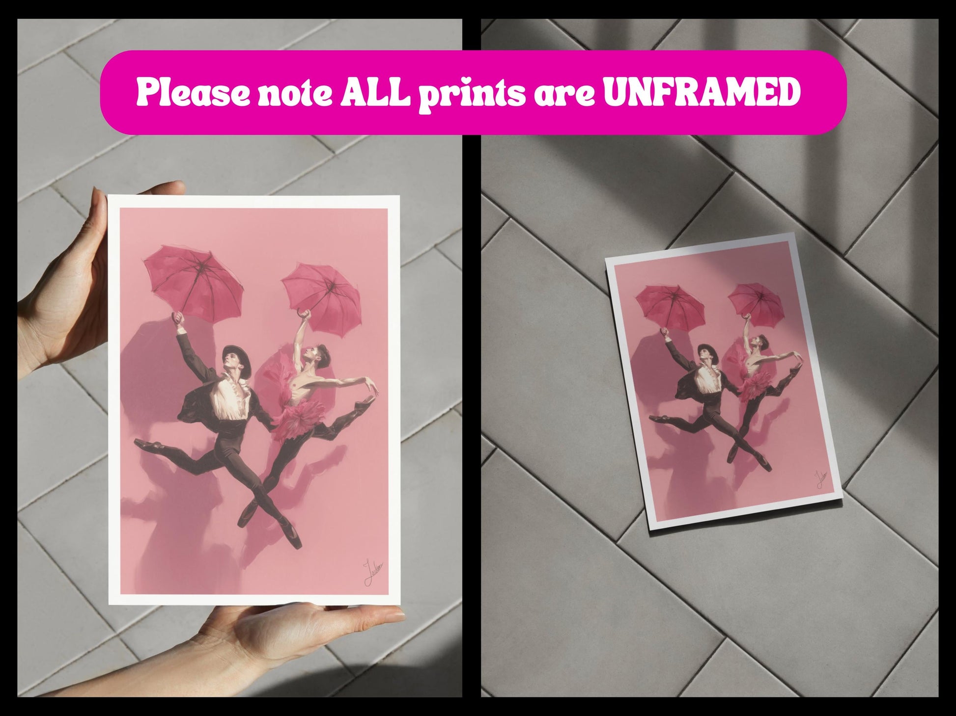 We Leap – Queer Ballet Art Print | Gay Dancers with Umbrellas Oil-Style Poster | Unframed 200gsm Matte LGBTQ+ Wall Decor