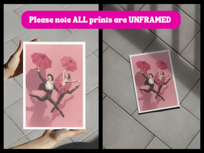 We Leap – Queer Ballet Art Print | Gay Dancers with Umbrellas Oil-Style Poster | Unframed 200gsm Matte LGBTQ+ Wall Decor