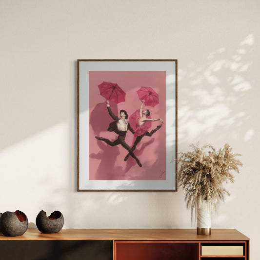 We Leap – Queer Ballet Art Print | Gay Dancers with Umbrellas Oil-Style Poster | Unframed 200gsm Matte LGBTQ+ Wall Decor