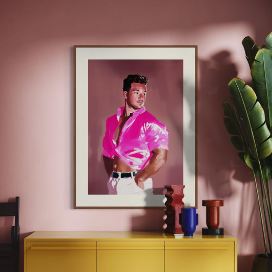 Bondi – Queer Wall Art Print | Gay Guy after Bondi Muscle Beach in Pink | LGBTQ+ Poster – Unframed Matte Print, Bold & Flirty Artwork