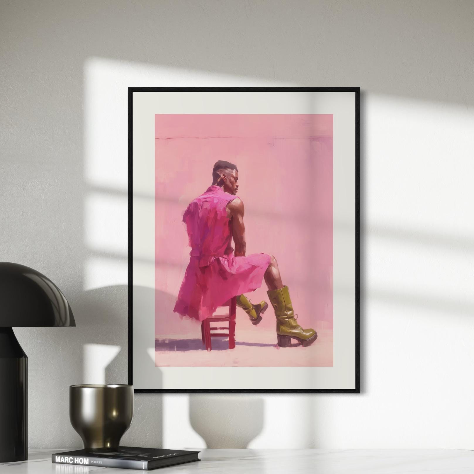 Off Duty – Queer Art Print | Pink Oil Painting of Life Model in Boots | Gay Wall Art, Soft Masculinity – Unframed Matte Poster