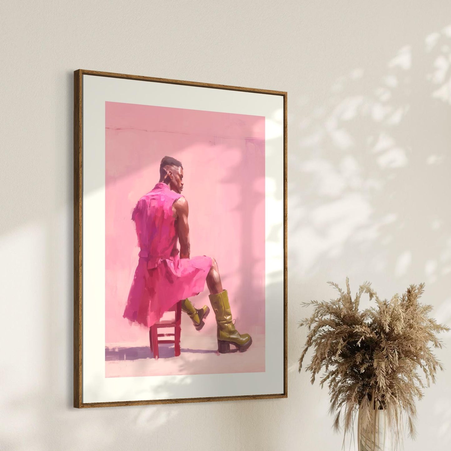 Off Duty – Queer Art Print | Pink Oil Painting of Life Model in Boots | Gay Wall Art, Soft Masculinity – Unframed Matte Poster