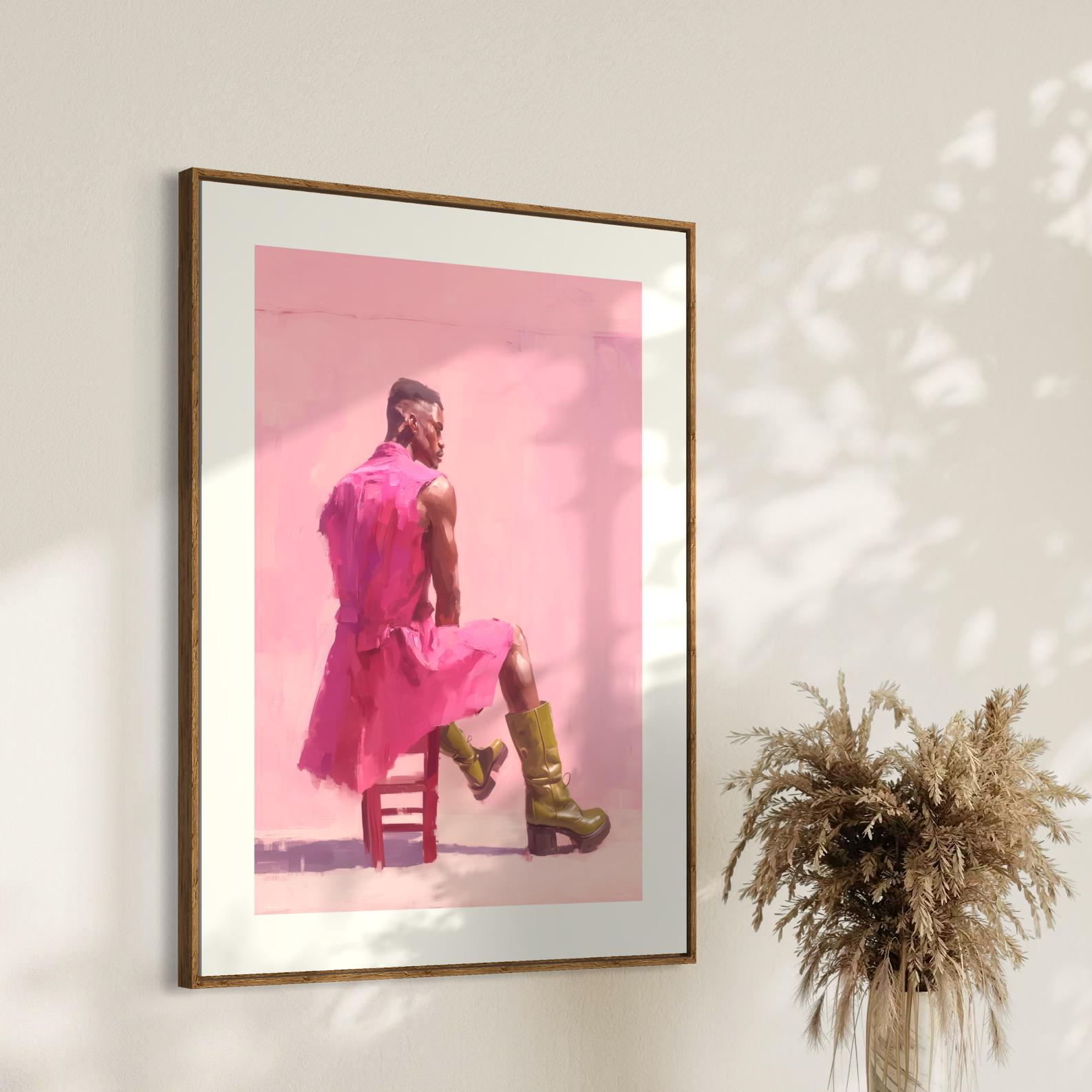 Off Duty – Queer Art Print | Pink Oil Painting of Life Model in Boots | Gay Wall Art, Soft Masculinity – Unframed Matte Poster