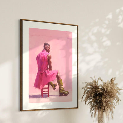 Off Duty – Queer Art Print | Pink Oil Painting of Life Model in Boots | Gay Wall Art, Soft Masculinity – Unframed Matte Poster